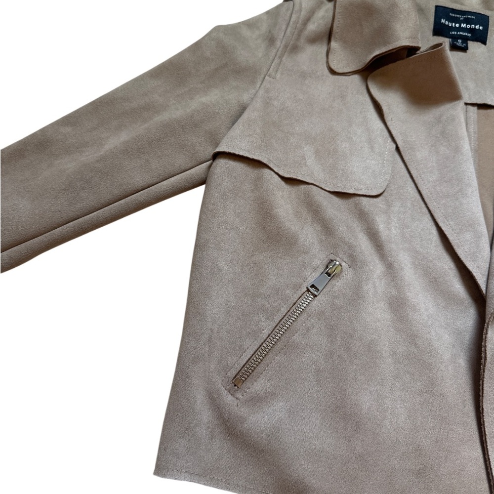 Suede Taupe Beige Blazer Jacket Sz S Minimalist Business Casual Zip Pockets - Picture 6 of 12